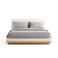 Lit double 160 x 200 cm blanc et chêne clair en MDF et polyester avec tête de lit rectangulaire rembourrée