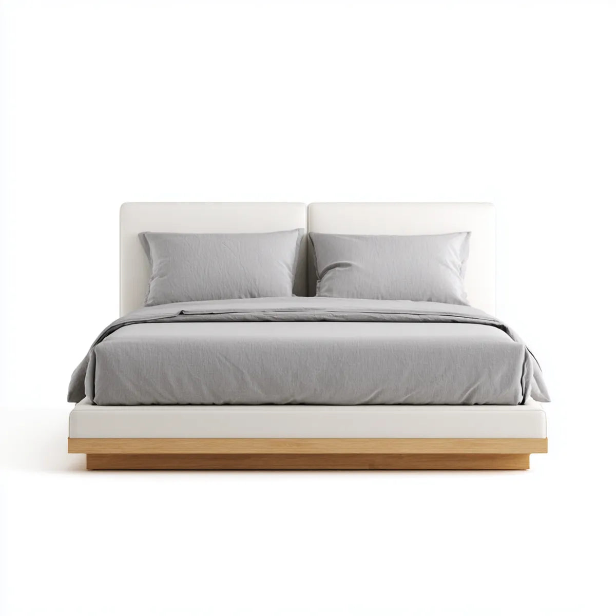Lit double 160 x 200 cm blanc et chêne clair en MDF et polyester avec tête de lit rectangulaire rembourrée