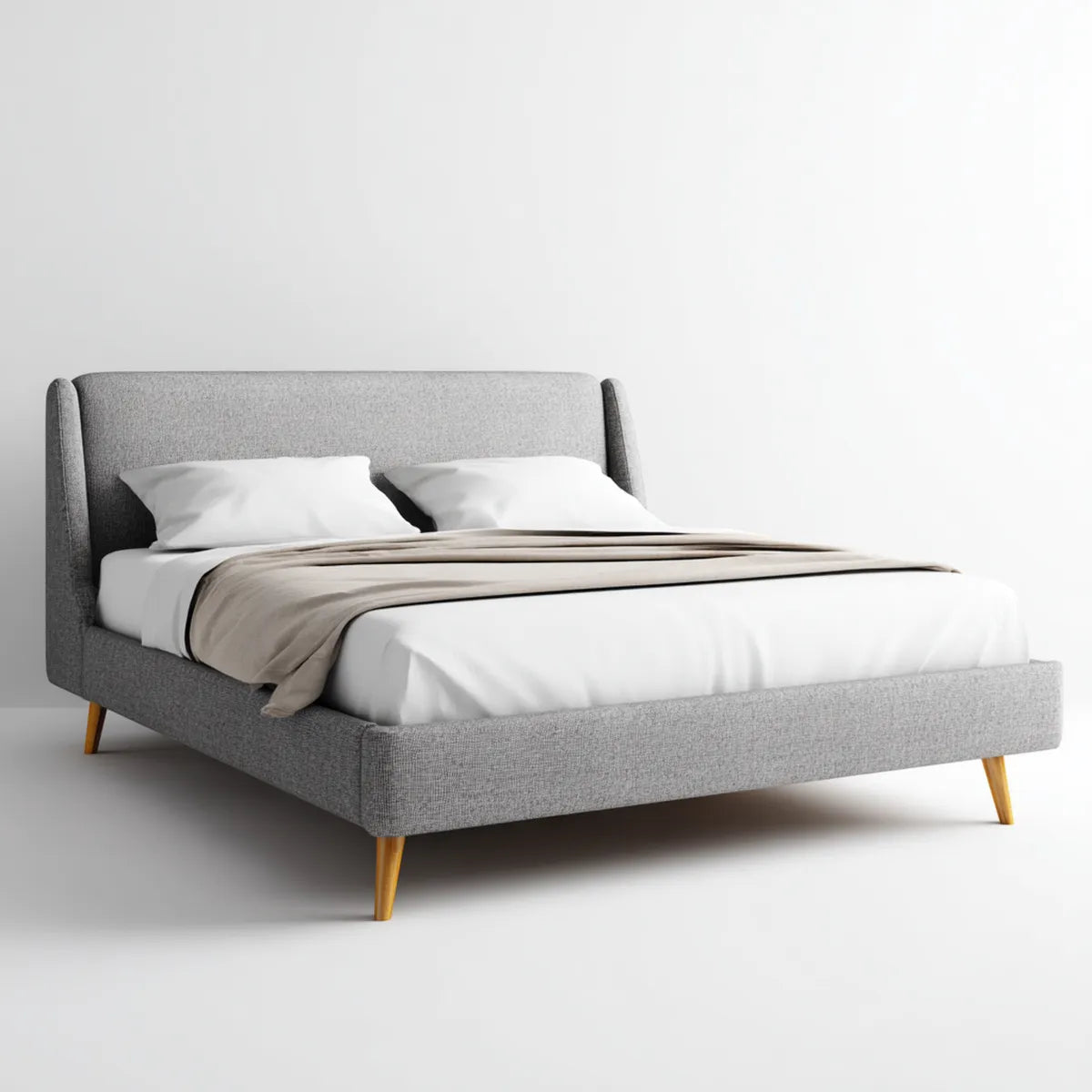 Lit double capitonné gris 160 x 200 cm en polyester avec pieds en hévéa massif