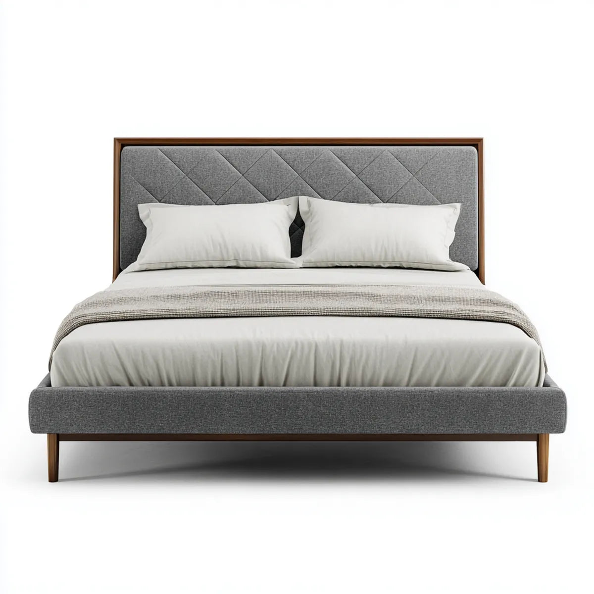 Lit double 160 x 200 cm gris et noyer en polyester et bois d'hévéa massif rectangulaire