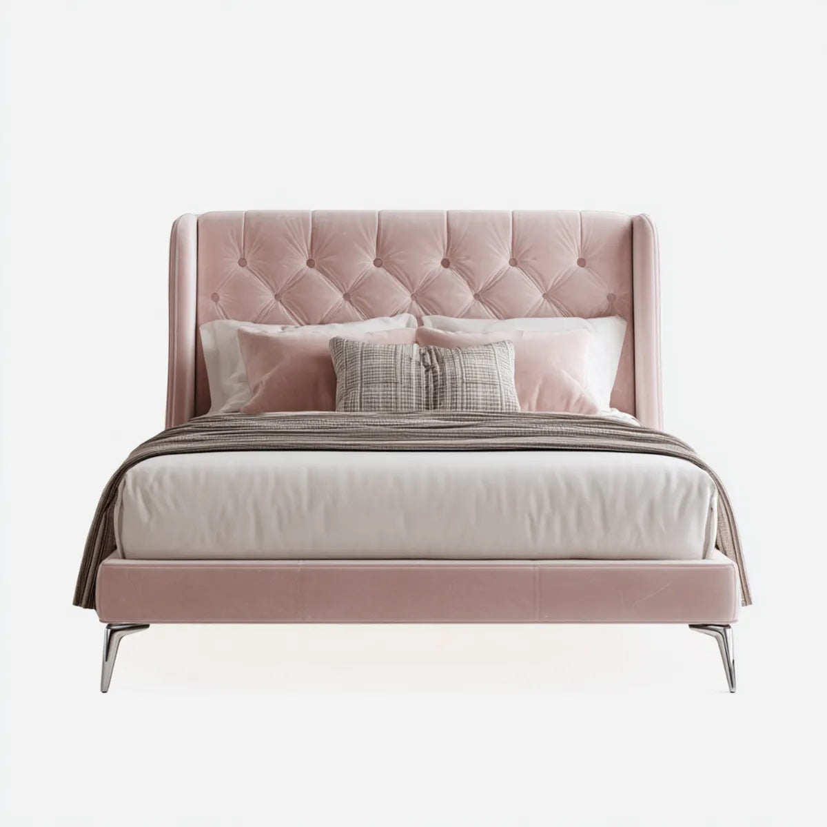 Lit double capitonné rose en velours polyester 160 x 200 cm avec tête de lit rectangulaire