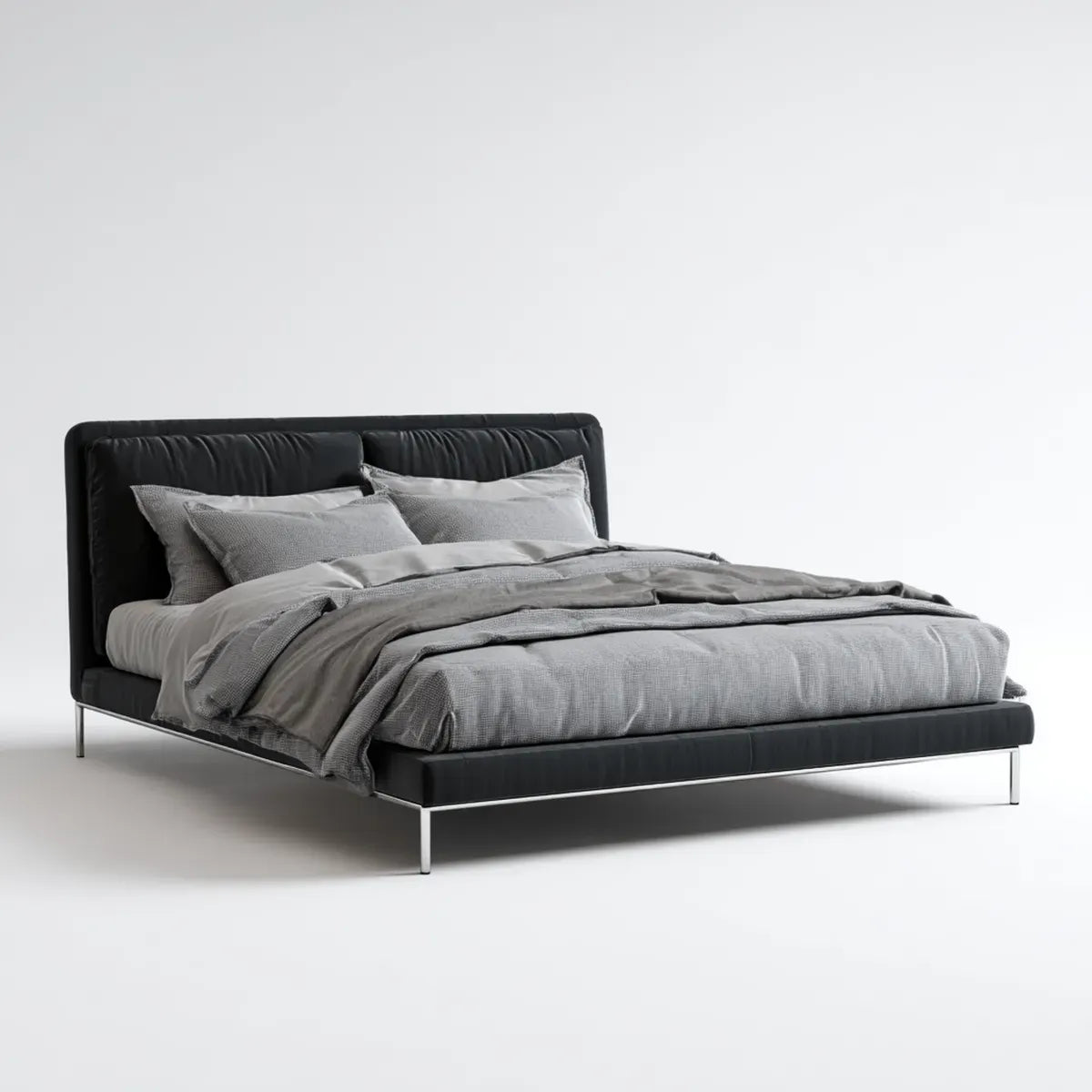 Lit double 160 x 200 cm noir en cuir synthétique PU avec cadre en acier chromé rectangulaire