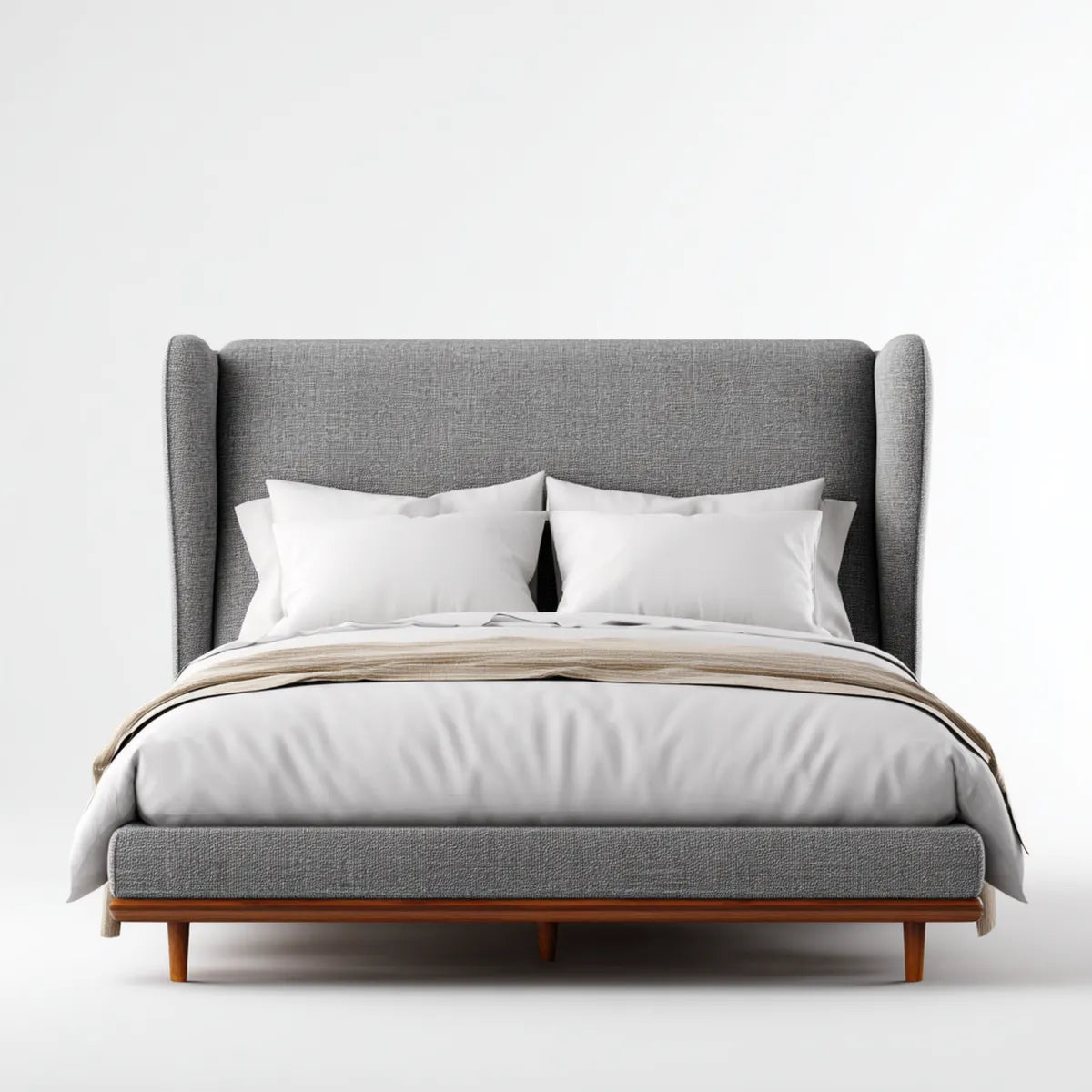 Lit double 160 x 200 cm gris en polyester avec cadre en hévéa massif rectangulaire