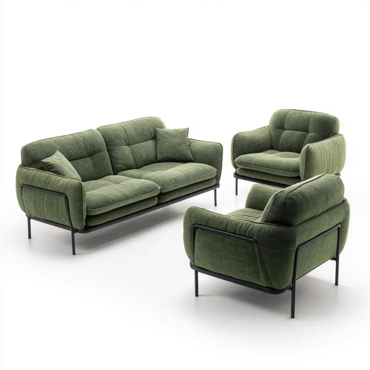 Ensemble canapé 3 places et 2 fauteuils vert olive en velours de polyester avec structure en acier 210 x 90 x 85 cm