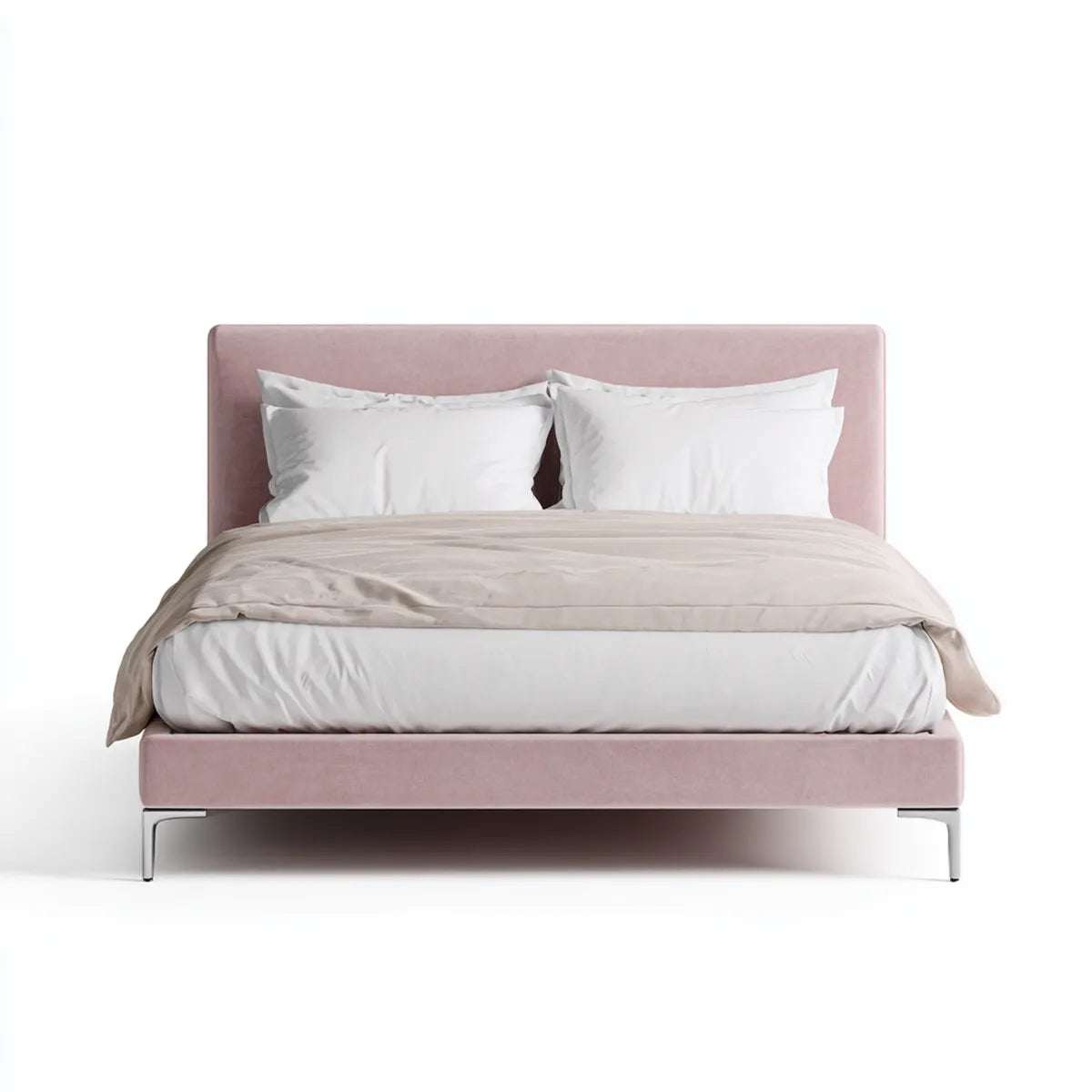 Lit double tapissé rose 160 x 200 cm en polyester avec piètement en acier chromé rectangulaire