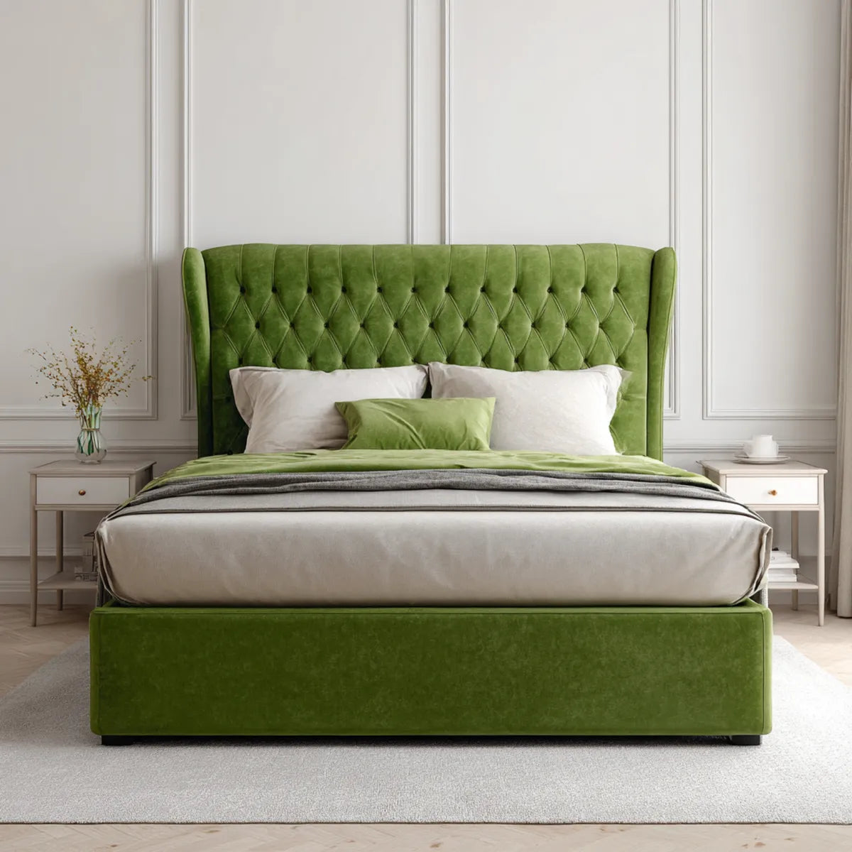 Lit double 160 x 200 cm vert en velours polyester avec tête de lit capitonnée