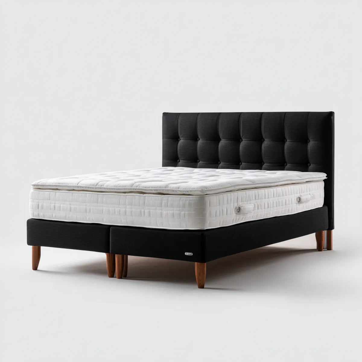Ensemble lit double 160 x 200 cm noir et blanc avec matelas tête de lit capitonnée en polyester et pieds en bois massif